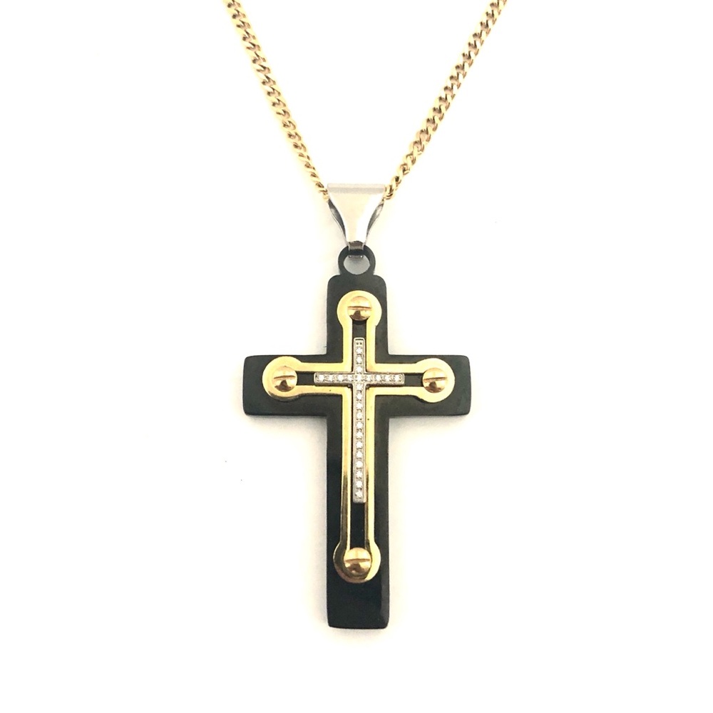 Structure Cross Pendant Necklace Steel Black Gold